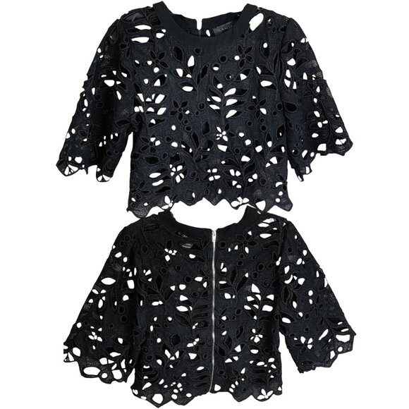 Gracia Black Lace Floral Cutout 3/4 Sleeve‎ Zip Crop Top - Picture 9 of 9
